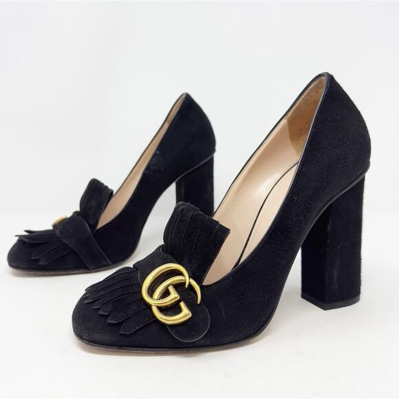 Gucci Black Suede Marmont Fringe Pumps with Gold GG Logo EU 38.5 - Picture 1 of 12